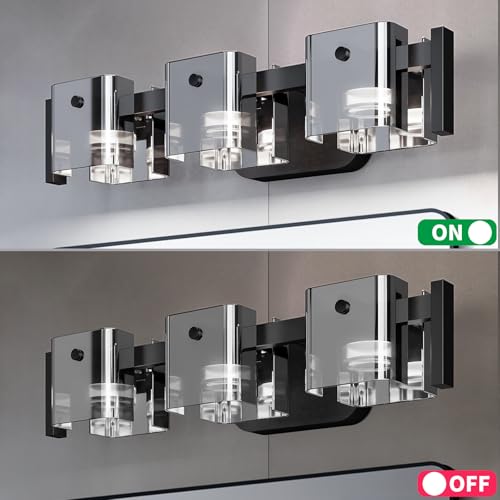 Image of 20.8 inch Modern Black Bathroom Vanity Light 3 Light Bathroom Light fixtures Cordless LED Vanity Light, 3000K /4000K /6000K Adjustable Wall Light with Smoke Gray Glass for Restroom,Bedroom,Kitchen