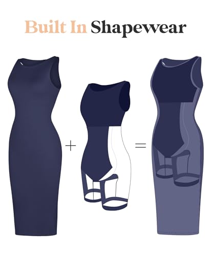 Image of Popilush Shapewear Dress Tummy Control Midi Work Dresses for Women Office Elegant Sleeveless Boat Neck Pencil Dress