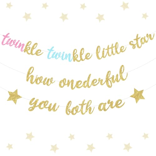 Funmemoir Twins 1st Birthday Decorations for Boys Girls - Twinkle Twinkle Little Star How Onderful You Both Are Banner, Glitter Twins First Birthday Banner for We Are One Party Decorations