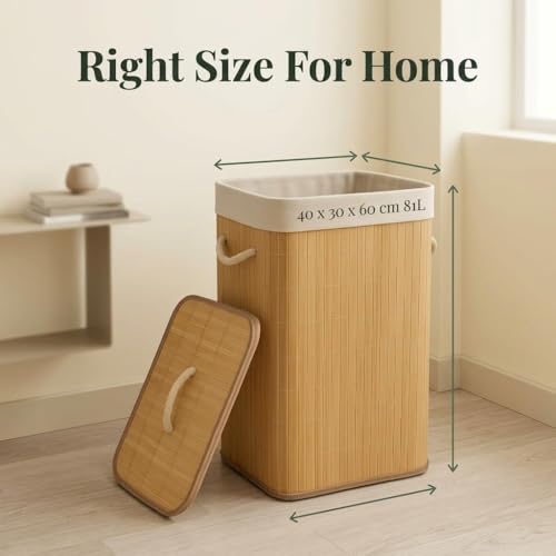Image of 81L Laundry Basket with Lid, Foldable Bamboo Clothes Hamper, Eco-Friendly Storage Bin for Bedroom, Bathroom & Kids Room (Light Brown, 40x30x60 cm)