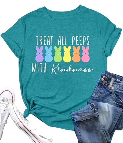Image of LAZYCHILD Women Easter Teacher Shirts: Funny Treat All with Kindness T-Shirt Bunny Rabbit Tee Tops