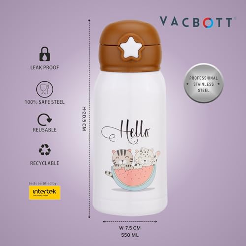 Image of Clay Craft Vacbott Vaccum Bottle, Kids Double Walled 18 Hours Hot and 24 Hours Cold Water Bottle, 550ml (Hello) Steel Water Bottles for School, Office, Home, Gym, Leakproof, Rust Free Steel Bottle