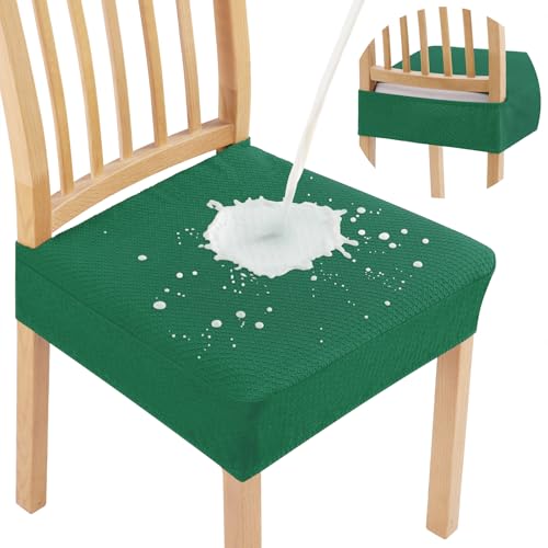 Image of Smiry Waterproof Seat Covers for Dining Room Chairs, No Rear Covers | Stretch Jacquard Removable Washable Chair Seat Slipcovers Protector, Set of 2, Chritsmas Green