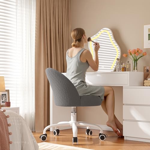 Image of DurayLoly Vanity Chair with Back, Cute Desk Chair with Wheels, Armless Chair with Height Adjustable & 360 Swivel, Soft Lumbar Support for Small Space, Bedroom, Grey