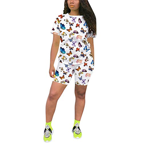 Nimsruc Women's 2 Piece Outfits Summer Casual Print Bodycon Shorts Pant Set White XL