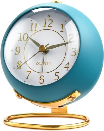 Image of Vintage Analog Alarm Clock with Night Light, Silent Non-Ticking Quartz Movement, Battery Powered Round Desk Clock with Gold Metal Stand, HD Glass Dial for Bedroom, Office, (English Multicolor)