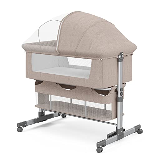 Image of UMOMO Baby Bassinet, Bedside Sleeper with Cradle Mode, Foldable Baby Bed to Bed, 6 Height Adjustable Baby Bed for Infant/Baby/Newborn,with Mosquito Nets, Comfortable Mattresses, Khaki