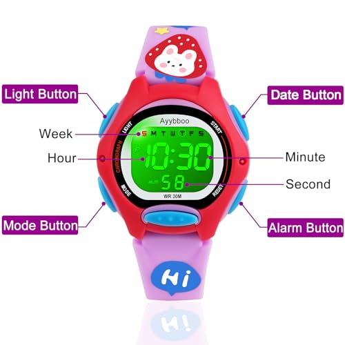 Kids Digital Watches for Girls Boys, 7 Color Lights Waterproof Cute Wristwatches for Kids with Alarm Stopwatch, Great Present for Girls Boys Ages 5-13 Cartoon Purple4