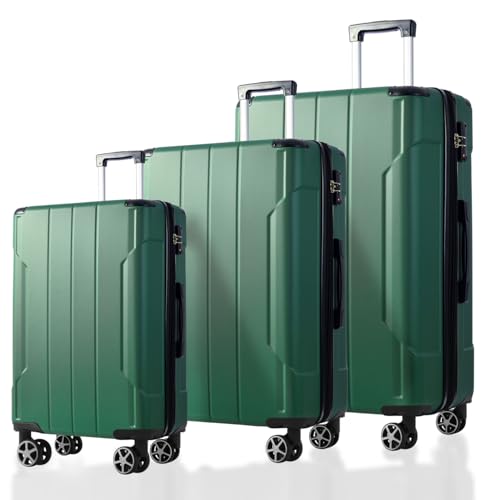 Travel Luggage Set | 3-Piece ABS Lightweight Suitcases with Double Spinner Wheels | 20/24/28 Inch Set for Family Trips, Carry-On & Checked Baggage | Green