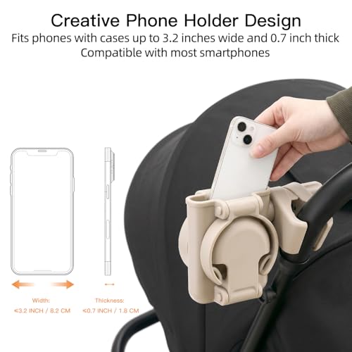 Gromast 3 in 1 Foldable Stroller Cup Holder with Phone Holder, 360° Rotatable Bottle Holder, Universal Cup Holder for Baby Stroller, Tricycle - Khaki by Gromast - Image 5