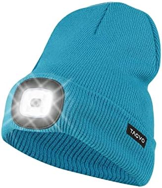 TAGVO USB Rechargeable LED Beanie Cap, Lighting and Flashing Alarm Modes 8 LED Hands Free Flashlight, Easy Install Quick Release Headlamp Beanie, Unisex Winter Warmer Knit Cap Hat