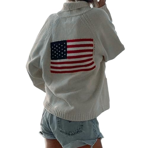Image of Women's American Flag Knit Sweater Cardigan Fold Collar Cardigans Long Sleeve Button Front Knitwear Shawl Coats