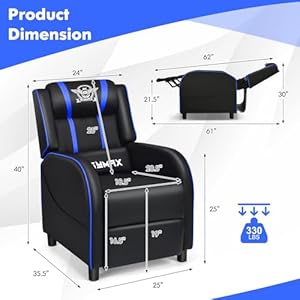 Gymax gaming recliner massage gaming chair wadjustable footrest remote control side pocket ergonomic game lounge chair racing style single theater seat game sofa for adults blue  urban country home decor