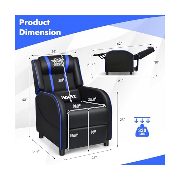 Gymax gaming recliner massage gaming chair wadjustable footrest remote control side pocket ergonomic game lounge chair racing style single theater seat game sofa for adults blue  urban country home decor