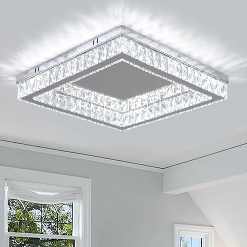 Finktonglan Modern Square Crystal Led Ceiling Lights 17.7 Inch Flush Mount Ceiling Light Fixture Stainless Steel Chandelier Ceiling Lamp For Living Room Bedroom Dining Room cover