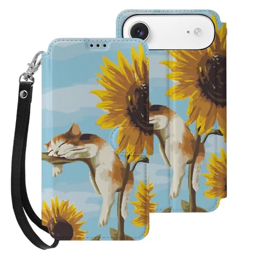 iPhone17 Air用ケース 猫 ひまわり アイフォン17 Air用ケース 手帳型 財布型 PUレザー おしゃれ スマホケース カード収納 スタンド機能 ワイヤレス充電対応 兼用ケース 贈り物