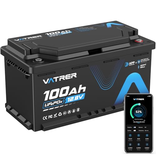 VATRER POWER LiFePO4 Batería de Litio 12V 100Ah H190 Bluetooth, 188mm Altura, 1280Wh, 5000+ ciclos, con BMS 100A y Protección contra Bajas Temperaturas. Ideal para Autocaravanas
