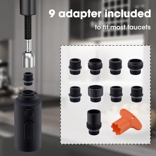 Kitchen Faucet Head Replacement,3-Function Kitchen Sink Spary Head Nozzle Pull Down Spray Head for Faucet with 9 Adapters,Matte Black