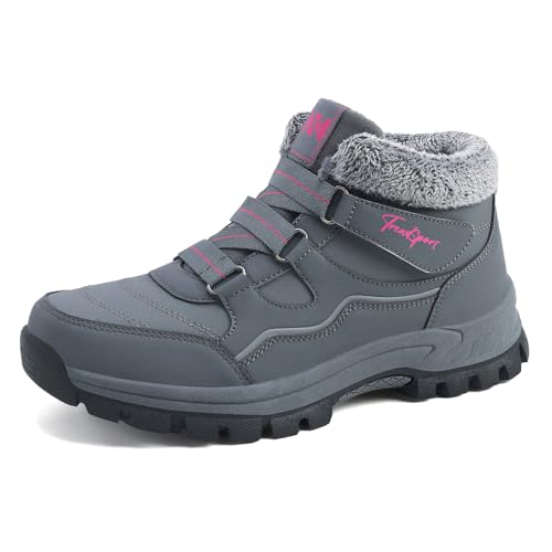 Moudn Botas de mujer para la nieve cómodas y acogedoras con forro de piel, para caminar, hacer senderismo, para exteriores, antideslizantes, resistentes al agua, grises, talla 36-41