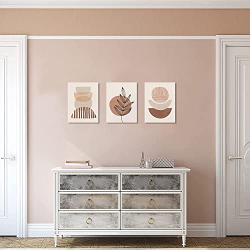 Minimalist Boho Wall Art Set Of 3, Mid-Century Modern Wall Art, Framed Canvas Wall Art Moon Botanical Geometric Neutral Abstract Artwork Prints Modern Boho Room Wall Decor Ready To Hang For Living Room, Bedroom, Bathroom, Office (12"X16") #TOP3