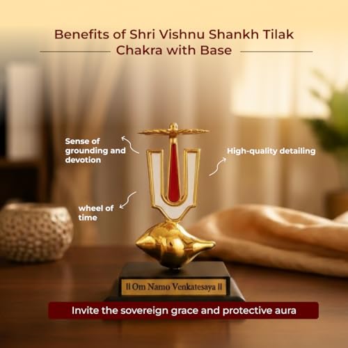 Image of Divine Hindu Shri Vishnu Shankh Tilak Chakra with Base | Lord Vishnu Divine Symbol Showpiece for Home Decor | Shankh Chakra Namam Idol for Office Desk, Car Dashboard & Spiritual Gift