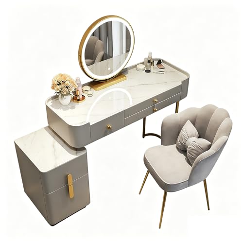 AnYaBinni Tocador con Espejo y LED Luz, Iluminacion Ajustable, Juego de Tocador con 5 Cajones y Silla de Terciopelo, Mesa de Aquillaje Moderna para Dormitorio, 80/100 * 40 * 78 CM