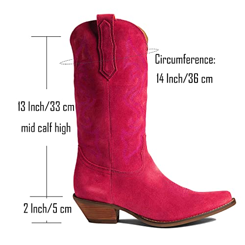 Image of LEHOOR Cowboy Boots Women Embroidered Mid Calf Western Boots Stacked Low Heel Pointed Toe Pull On Cowgirl Boot 4-11 M US