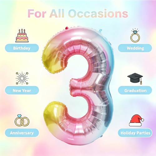 Image of Rainbow Number Balloons Birthday Balloons - Giant Number 3 Balloon 40 inch, Numbers Balloon Birthday Decorations, Rainbow Party Supplies for Baby Shower