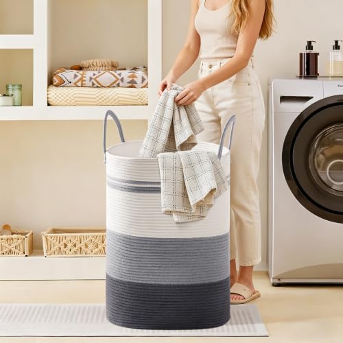 Image of 72L Large Tall Cotton Rope Laundry Basket with Handle, Grey Striped