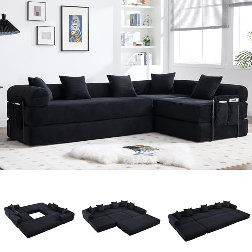 Image of L-Shape Modular Sectional Sofa Bed, Corduroy Boneless Couch, Black