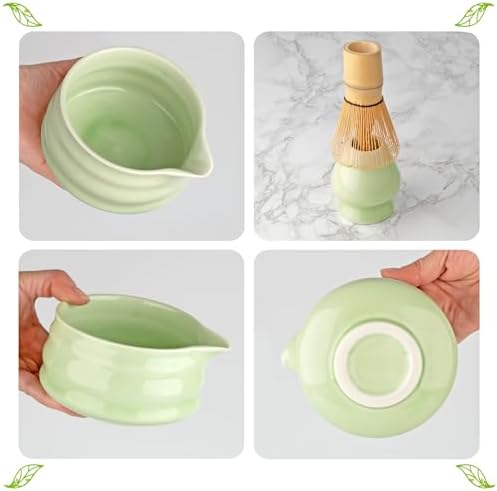 Marce Matcha Whisk Set- Matcha Set includes Matcha Whisk and Bowl with Spout, Sifter, Holder and Scoop- The Perfect Bamboo Whisk for Matcha Tea (Green)