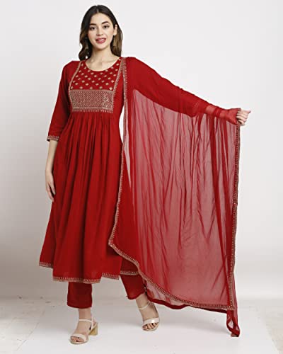 Image of Rajnandini Women's Rayon Embroidered Kurta Set With Dupatta (JOPLVL245-P Maroon P)