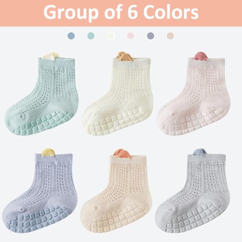 Image of SNOWIE SOFT 6 Pairs Baby Socks Set 0-18 Months, Summer Breathable Anti-Slip Cartoon Design Cotton Socks, Non-Slip Grip Ankle Floor Socks for Newborn Infants Boys and Girls