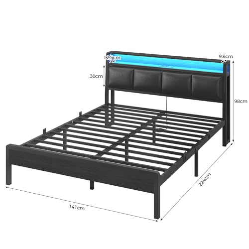 Bett 140 x 200, Bett mit LED-Beleuchtung, Polsterbett 140x200, Ladestation, Bettgestell mit Lattenrost, für Schlafzimmer, Gästezimmer, Schwarz – Bild 3