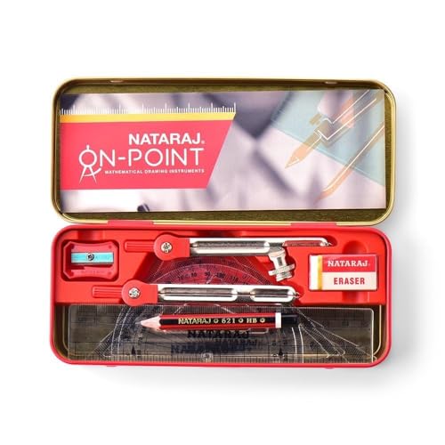 Image of Nataraj On‑Point Geometry Box - Pack of 1 Sets | Metal Case with 9‑Piece High‑Precision Math & Drawing Instrument Kit (Compass, Protractor, Ruler, Set Squares, Pencil, Sharpener + More)