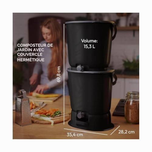 Skaza- Composteur de Cuisine en Plastique Recyclé - BOEssential Set+Base 15,3L Noir et Gris – vue 4