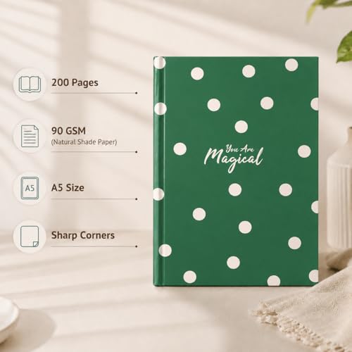 Image of WROTNOTE You Are Magic A5 Diary Notebook for Girls and Women, Green White Polka Dot Hardbound, 200 Ruled Pages 90 GSM, Diary for Office and Gifting