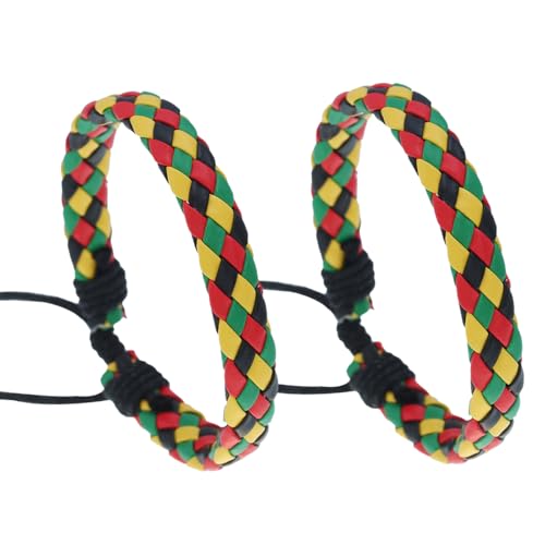 Bohue 2 pulseras Bob Marley Rasta – Jamaica cuerda y cuero ajustable cordón trenzado pulsera para hombres y mujeres joyería regalos