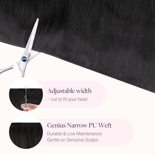 Image of GOO GOO Genius Narrow Edge PU Weft Hair Extensions Human Hair, Invisible Sew in Hair Extensions Human Hair, 1B Natural Black 22 Inch 120g, Seamless Soft Lightweight