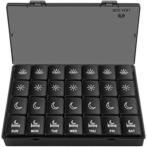 XL Pill Organizer 4 Times a Day,BUG HULL Large Weekly Pill Box for Travelling, Portable Pill Cases 7 Day pill Container Removable Daily Medicine Organizer for Cod-liver oil,Vitamins,Supplements(Black) Cover