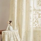 Treatmentex Ösenschal Vorhänge Leinenoptik Semi-transparent Spitzenvorhang mit Ösen Beige Blattmuster Boho Gardinen 2er Set für Schlafzimmer Wohnzimmer HxB 225x140 cm