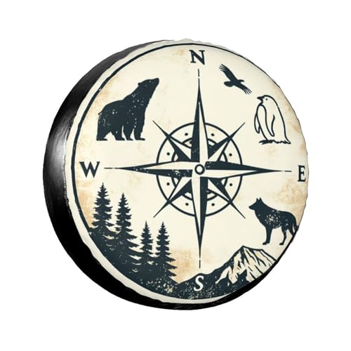 Image of Universal Fit Spare Tire Cover for RV, SUV, and Camper Trailers - Weatherproof Wheel Protector, Compass Animal Mountain Decorative Camper Spare Tire Cover 16 in