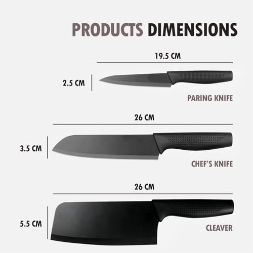 Image of Go Store 3 Pcs Steel Knife Set with Bamboo Wooden Chopping Board (30 x 20 CM) | Ultra-Sharp Blades, Chef, Meat Cleaver & Utility Kitchen Knife Set & Eco Friendly Multipurpose Cutting Board