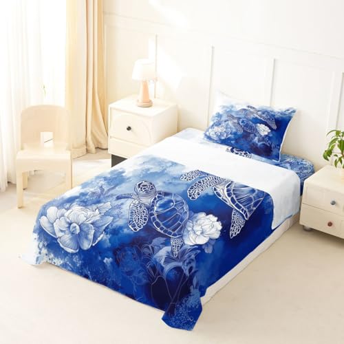 Image of jejeloiu Sea Turtle Bed Sheets Set Full Size Blue Flowers Deep Pocket Fitted Sheet Ocean Bedding Sets Reptile Tortoise Soft Bed Set 4Pcs with 2 Pillow Cases