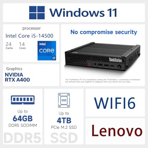 Image of Lenovo ThinkStation P3 Tiny Desktop Computer | Intel Core i5-14500 vPro(14 Cores, Up to 5GHz) | 32GB DDR5 RAM, 2TB SSD | WIFI6 | USB Keyboard & Mouse | Dual 4K Display Support | Windows 11