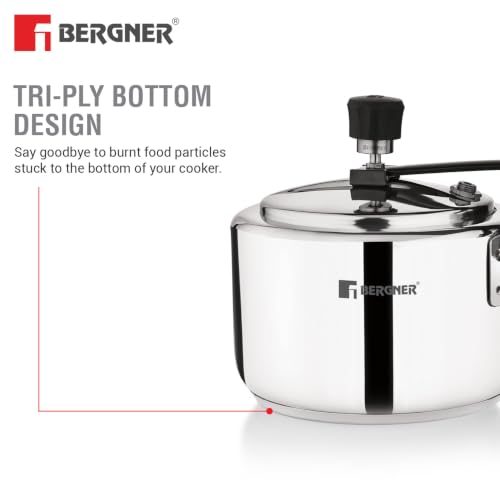 Image of Bergner Aragon Inner Lid Stainless Steel Pressure Cooker 3 Litres, Triply Bottom Design, Non-Toxic Safety Valve, Ergonomic Handle, Mirror Finish, Easy to Use and Clean - Induction and Gas Stove Ready