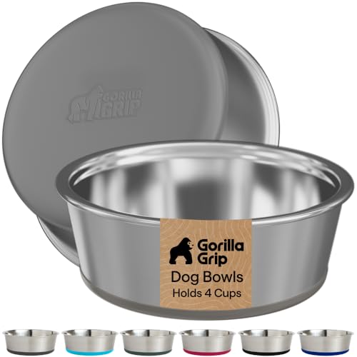 Image of GORILLA GRIP Dog Bowls, Food Grade 304 Stainless Steel, Holds 4 Cups Each (32 fl oz) Food and Water Bowl for Feeding Dogs and Cats, Dishwasher Safe, Rust Resistant, BPA Free Rubber Base Set of 2 Gray