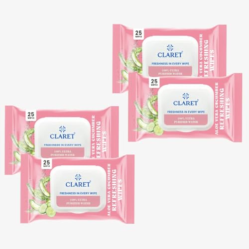 Image of Claret Refreshing Wet Wipes With Aloe Vera & Cucumber For Face & Body | 25 Pulls | 100% Ultra Purified Water | pH Balanced & Alcohol-Free (Pack Of 4)