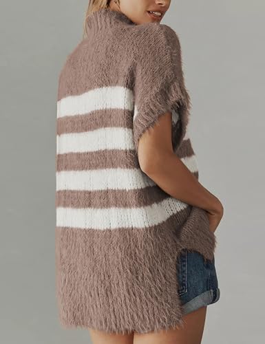 Lentta Women's Mock Neck Short Sleeve Sweater Vest Striped Knit Top Casual Cap Sleeve Pullover Sweater2