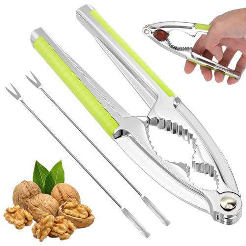 Metal Nut Crackers Non-Slip Nutcracker with Walnut Needles Multifunctional Nut Cracker for Walnuts Pistachios Almonds Hazelnuts and so on Green